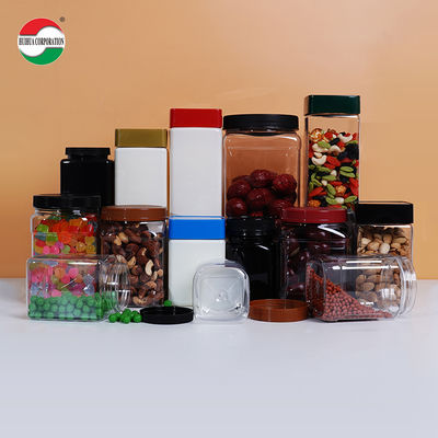 الصف الغذائي PET مربع جرة مقبض كوب بلاستيكي مباشر لعبوات بلاستيكية واضحة الحلوى شرائح الشوفان وجبات خفيفة الفاكهة المجففة تخزين فارغ