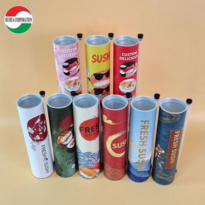 أوراق السوشي اليدوية المخصصة الصديقة للبيئة الصف الغذائي Push Pop Roll Packaging Cylinder Takeaway Sushi Roll Tubes Hot Stamping Logo